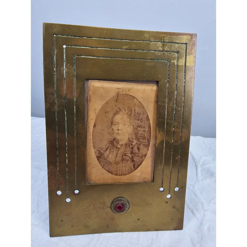 Antique Art Nouveau Brass Frame with‎ Red Jewel & Amsterdam Cabinet Card Photo